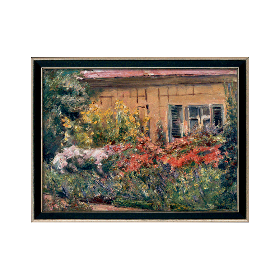 Produktabbildung: „Blumenstauden am Gärtnerhäuschen nach Norden“ (1928) schwarz-silberne Rahmung