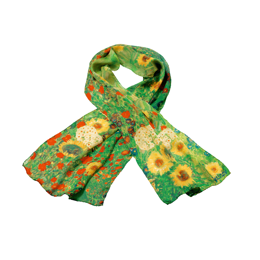 Produktabbildung 1 Seidenschal „Bauerngarten mit Sonnenblumen“