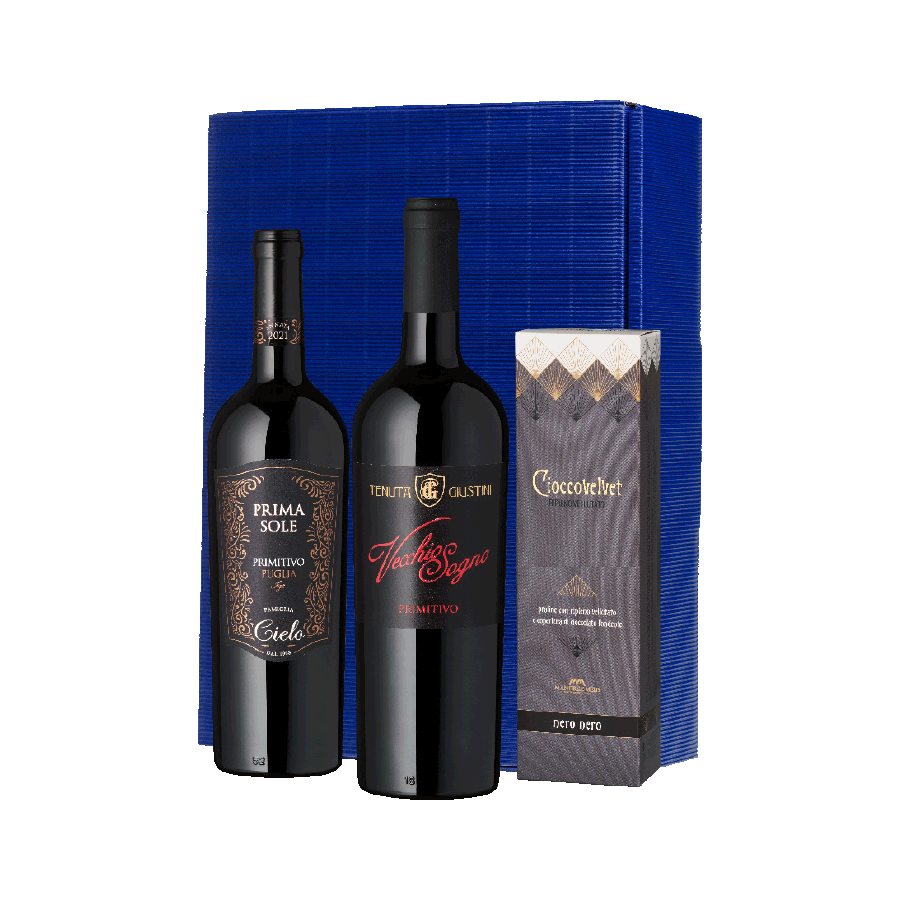 1 x „Vecchio Sogno“ Primitivo Salento, trocken, 0,75 l,1 x „Primasole“ Primitivo Puglia, trocken, 0,75 l 1 × Cioccovelvet „nero nero“ Pralinés, 180 g