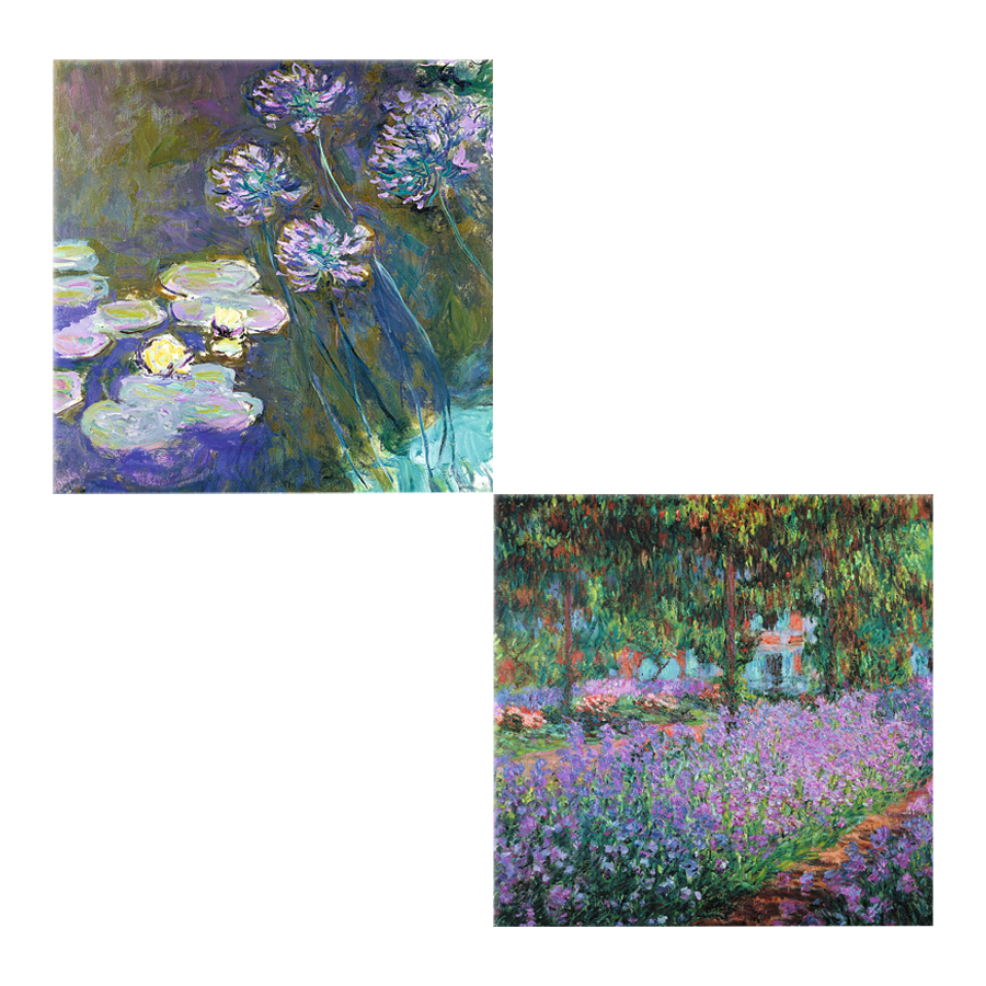 Zwei Wandobjekte im Set „Irisbeet in Monets Garten“ und „Gelbe Seerosen und Agapanthus“