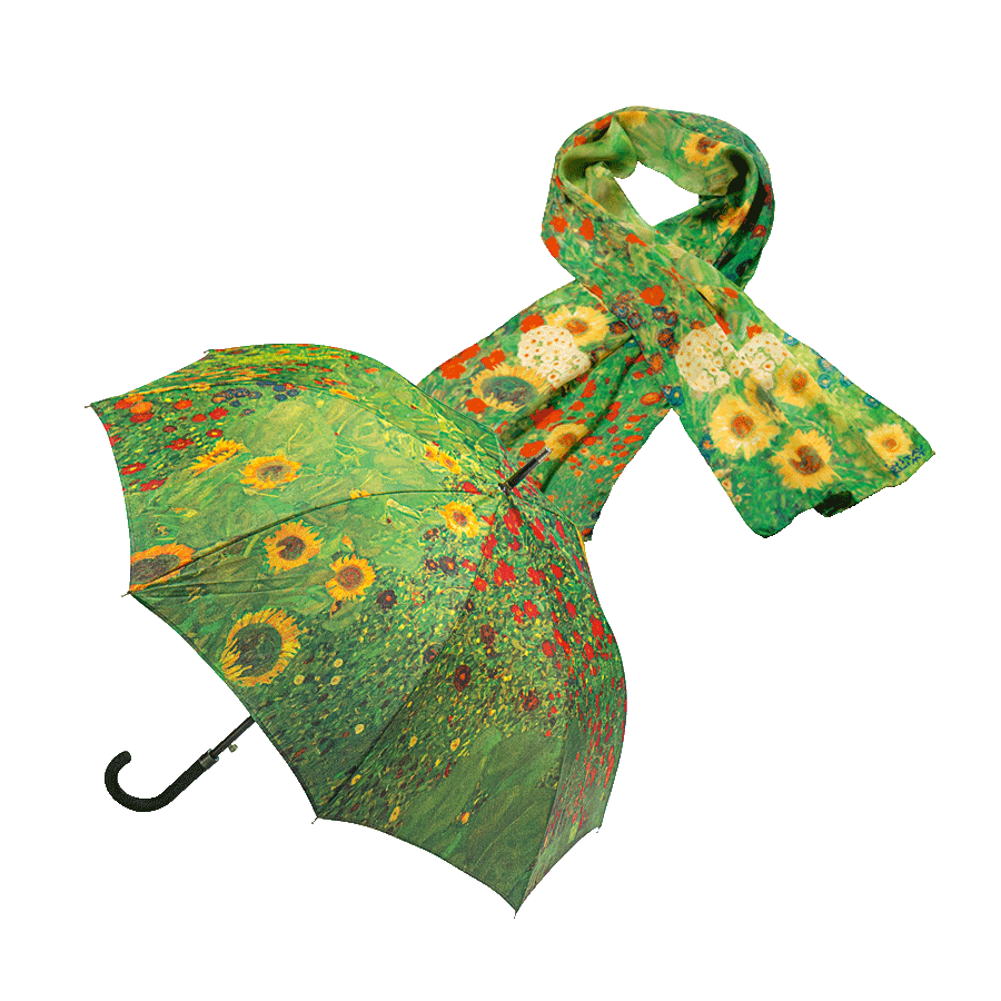 Produktabbildung 1 Seidenschal und Stockschirm „Bauerngarten mit Sonnenblumen“ im Set