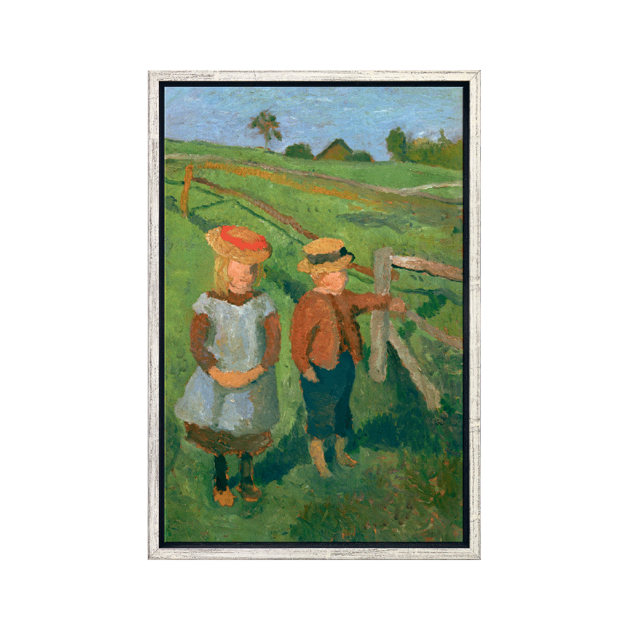 Produktabbildung:  „Zwei Kinder in der Sonne am Wiesenzaun stehend“ (1902)