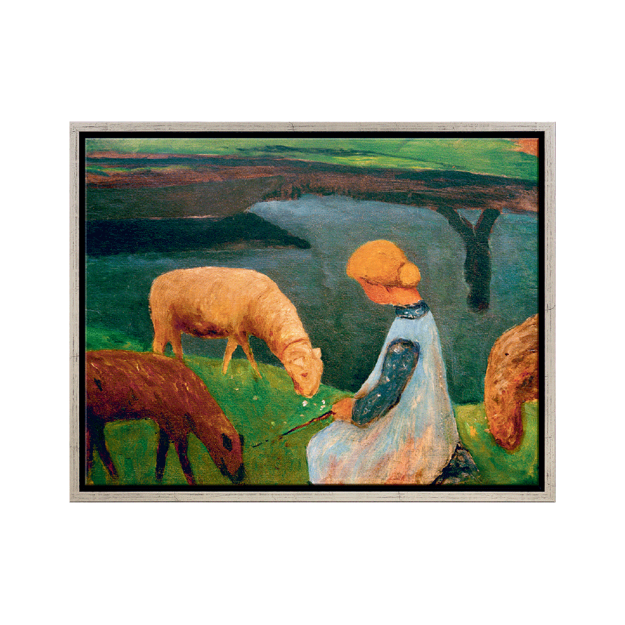 Produktabbildung: „Sitzendes Mädchen mit Schafen am Weiher I" (1903)