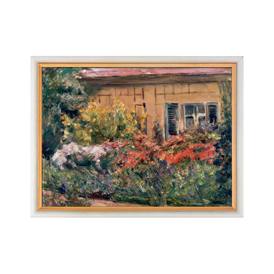 Produktabbildung:  „Blumenstauden am Gärtnerhäuschen nach Norden“ (1928) weiß-goldene Rahmung
