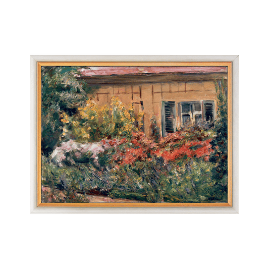 Produktabbildung:  „Blumenstauden am Gärtnerhäuschen nach Norden“ (1928) weiß-goldene Rahmung