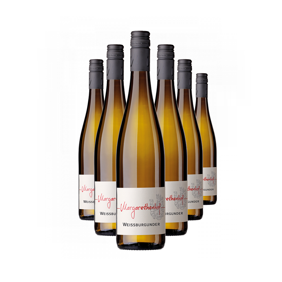 Produktabbildung 6 Flaschen: „Margarethenhof Weißburgunder, BIO“ – Wein des Monats April