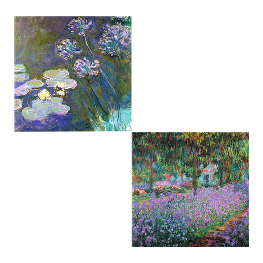 Zwei Wandobjekte im Set „Irisbeet in Monets Garten“ und „Gelbe Seerosen und Agapanthus“