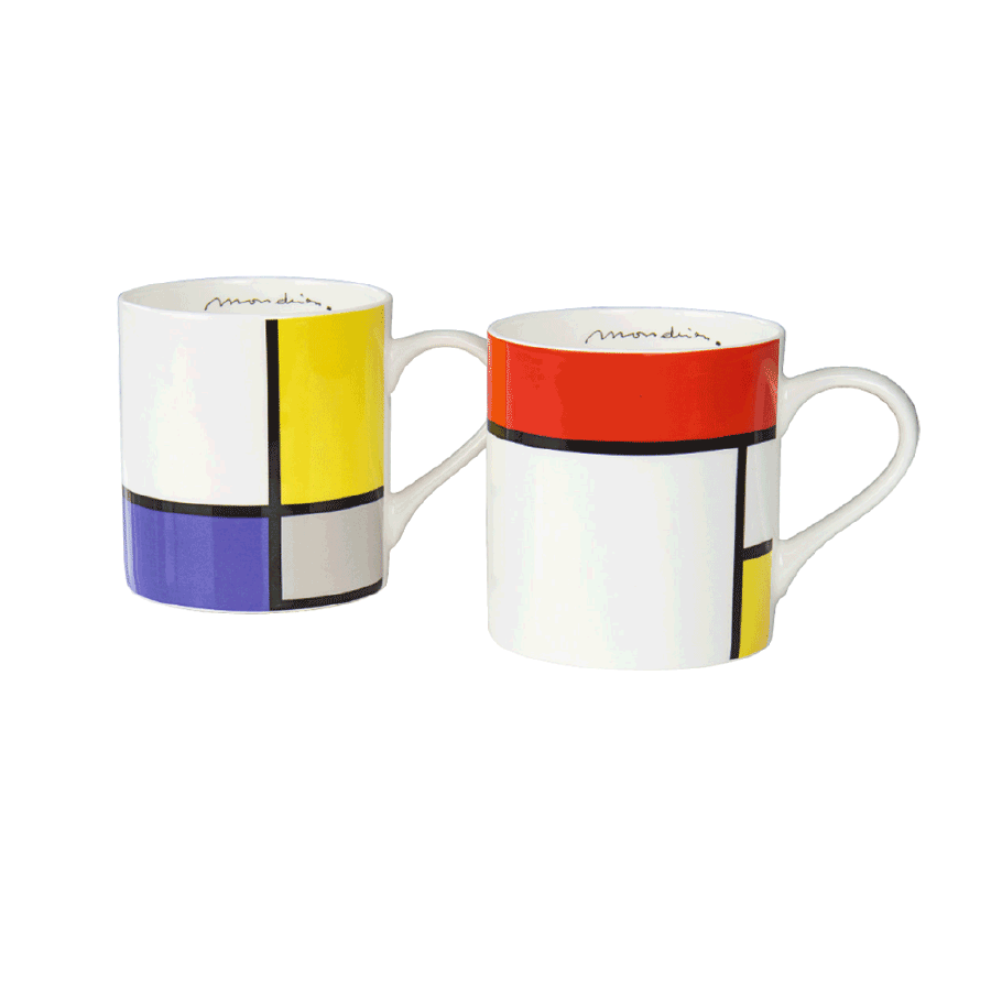2-teiliges Kaffeebecher-Set „Komposition in Rot, Blau und Gelb“