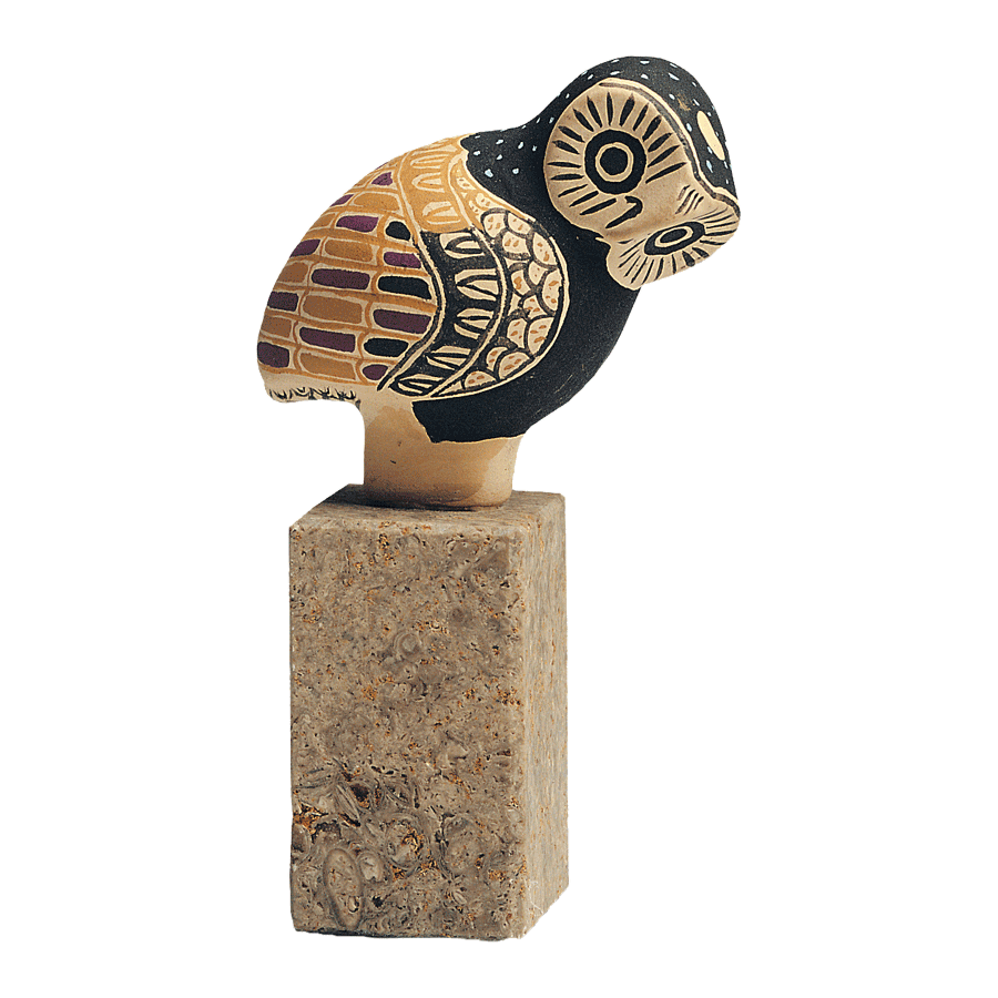 Keramikfigur „Griechische Eule“ auf Steinsockel, handbemalt